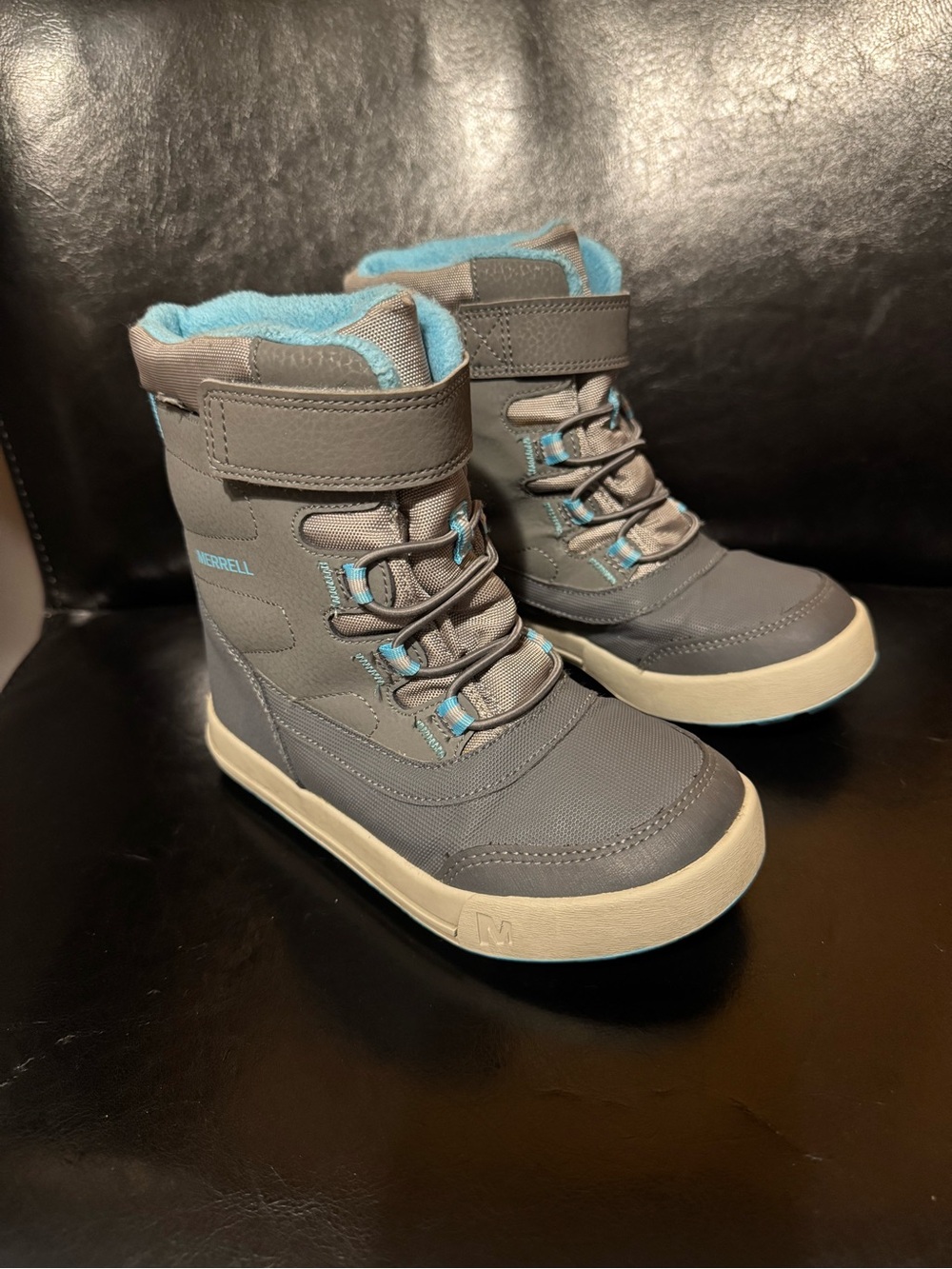 Merrell Kids' Gray and Light Blue Winter Boots with Hook-and-Loop Strap Size 12